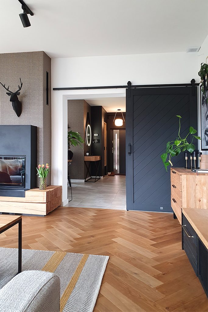 Black Wooden Sliding Door In The Living Room Reno Doors