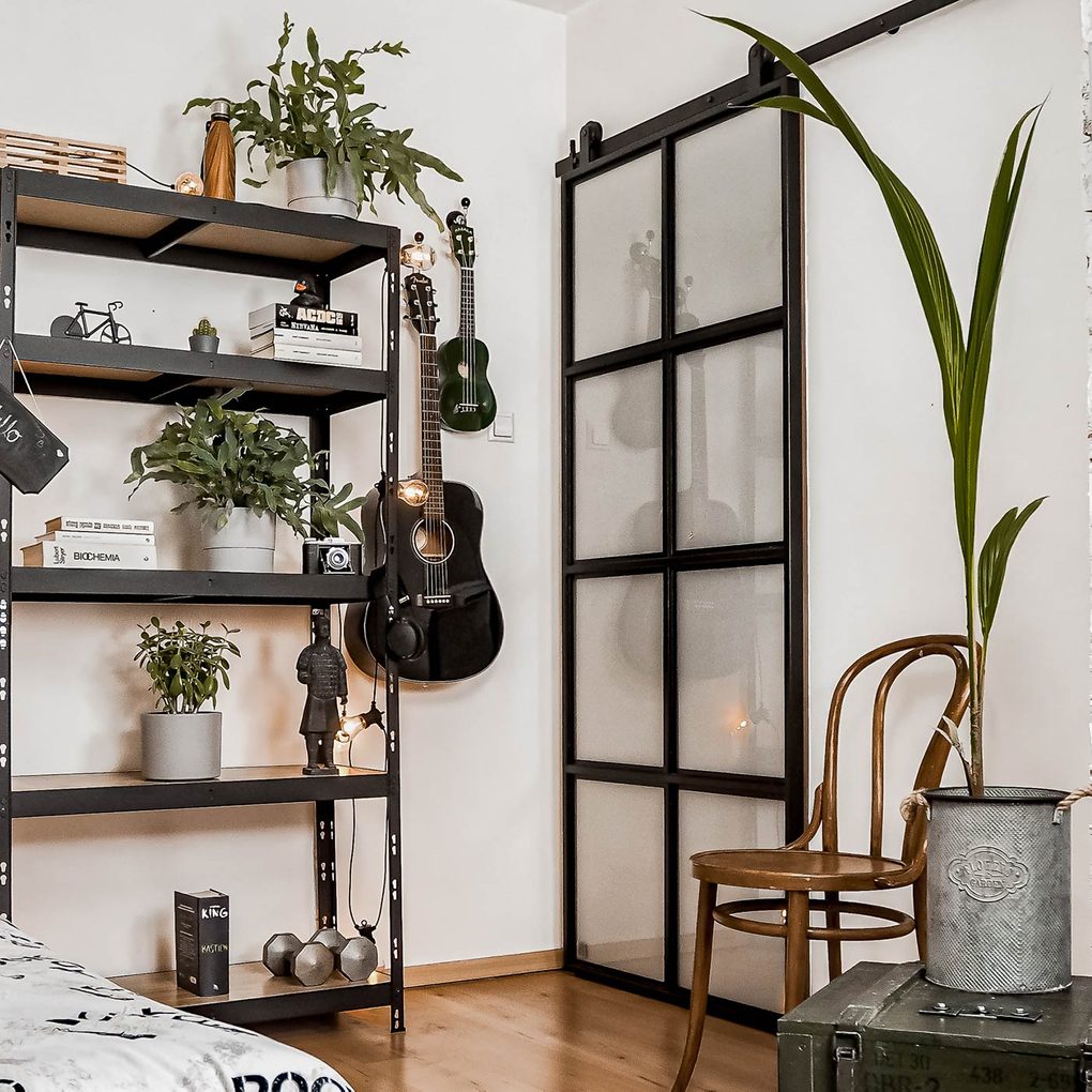 student room decoration, metal sliding door with glass, loft style, bookcase loft style, plants in student's room, vintage chair, white wall and black decorations