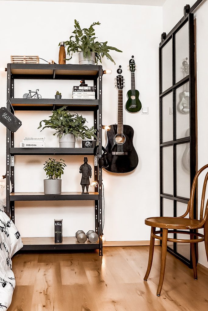 student room decoration, loft style bookcase, plants on metal storage rack, metal and glass sliding door, vintage chair, guitars hanging on the wall
