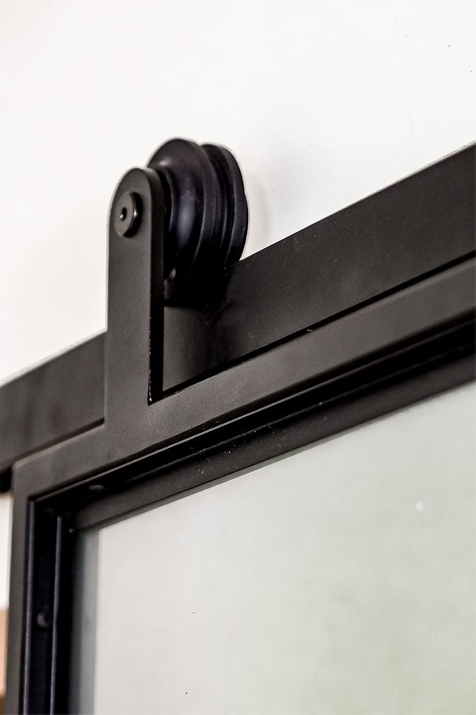 sliding door loft style, metal door with milky glass, glass and metal sliding door, black sliding system