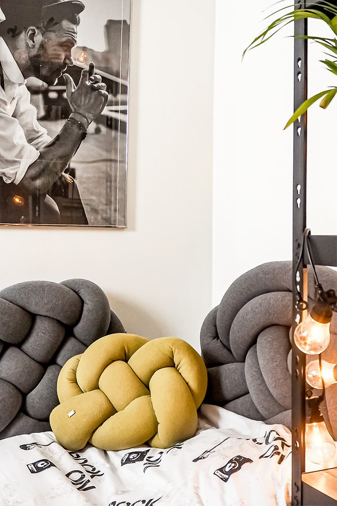 student room decoration, knot pillows, black and white poster