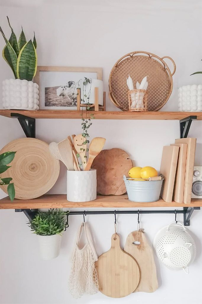 wooden shelf on white wall, shelf for kitchen accessories, wooden decorations, kitchen decorations